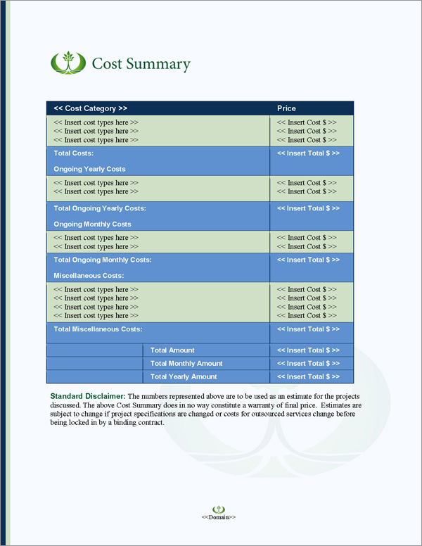 Proposal Pack Resources #1 Cost Summary Page Proposal Pack Resources #1 Cost Summary Page