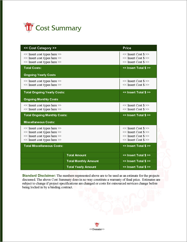 Proposal Pack Seasonal #3 Cost Summary Page Proposal Pack Seasonal #3 Cost Summary Page