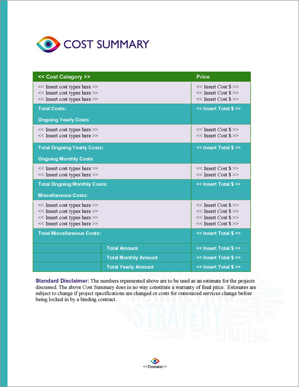 Proposal Pack Marketing #2 Cost Summary Page