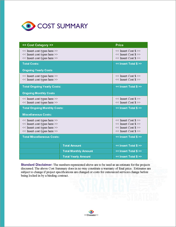 Proposal Pack Marketing #2 Cost Summary Page Proposal Pack Marketing #2 Cost Summary Page