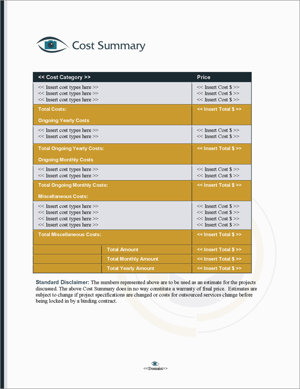 Proposal Pack Photography #6 Cost Summary Page