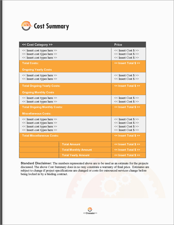 Proposal Pack Construction #6 Cost Summary Page