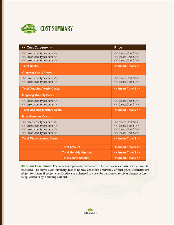 Proposal Pack Agriculture #5 Cost Summary Page