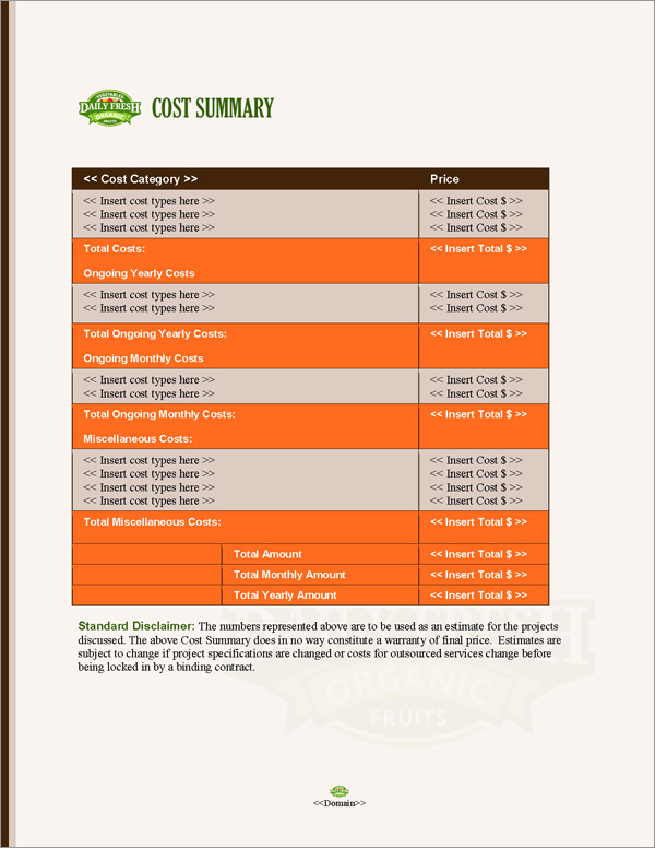 Proposal Pack Agriculture #5 Cost Summary Page Proposal Pack Agriculture #5 Cost Summary Page