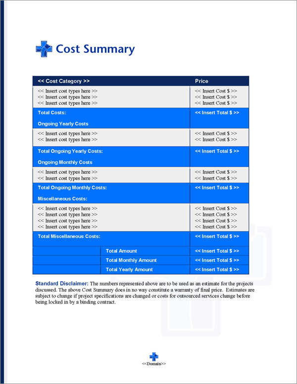 Proposal Pack Animals #5 Cost Summary Page