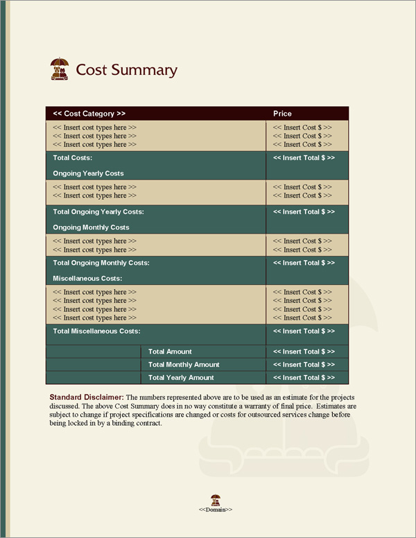 Proposal Pack Animals #6 Cost Summary Page