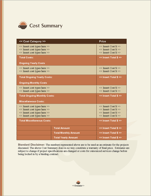 Proposal Pack Food #4 Cost Summary Page Proposal Pack Food #4 Cost Summary Page