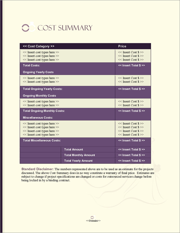 Proposal Pack Wedding #5 Cost Summary Page