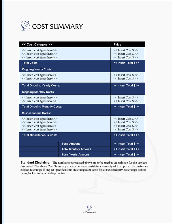 Proposal Pack Telecom #4 Cost Summary Page