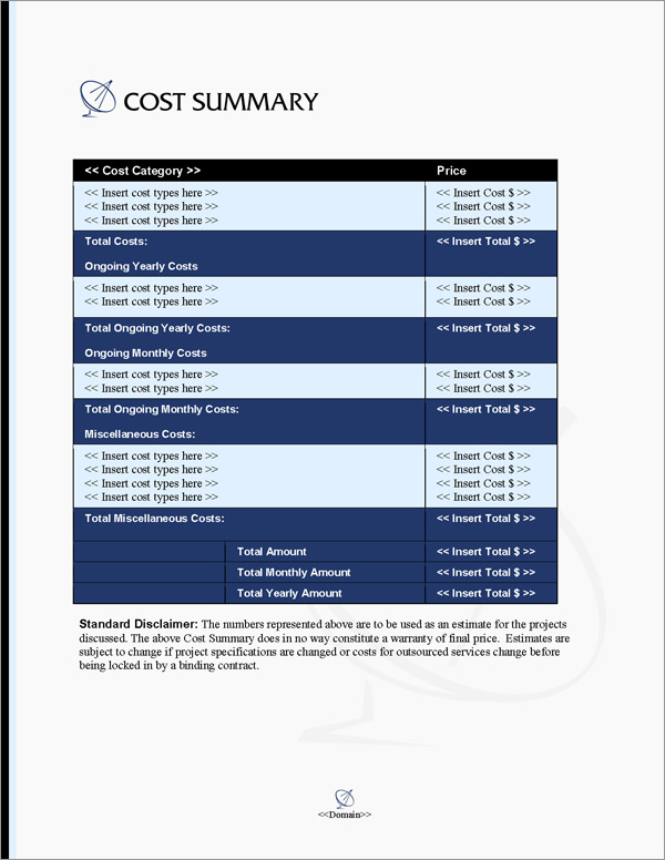 Proposal Pack Telecom #4 Cost Summary Page Proposal Pack Telecom #4 Cost Summary Page