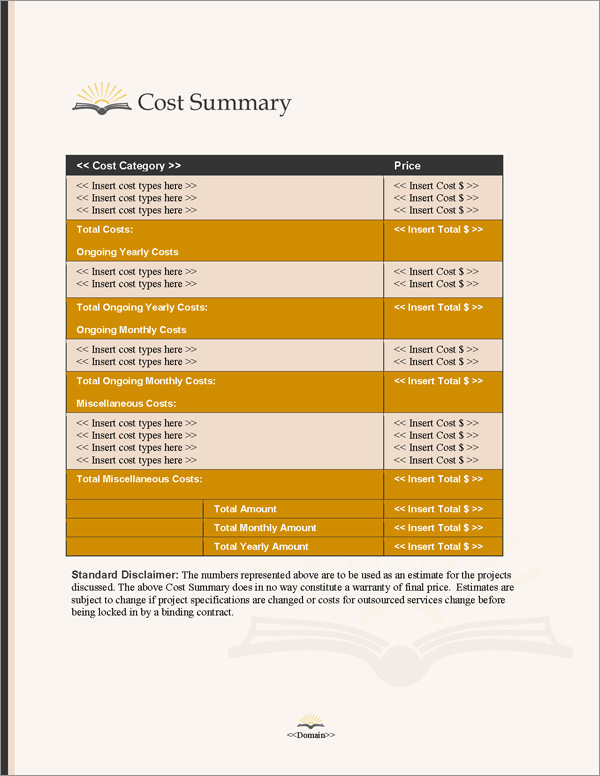 Proposal Pack Books #3 Cost Summary Page Proposal Pack Books #3 Cost Summary Page