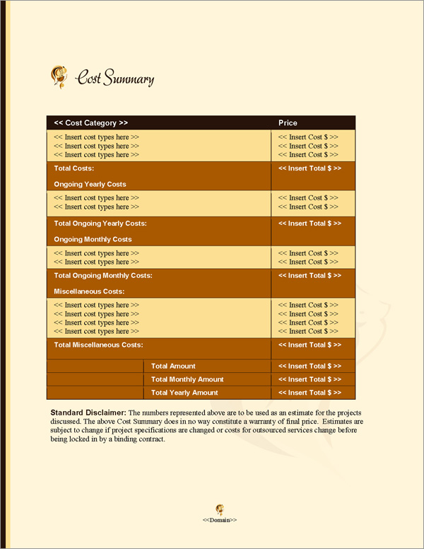 Proposal Pack Fashion #5 Cost Summary Page