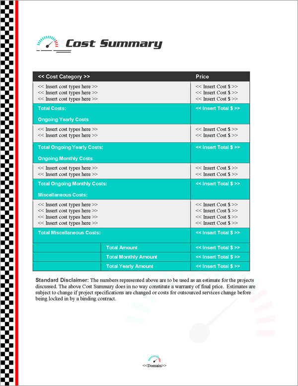 Proposal Pack Sports #7 Cost Summary Page