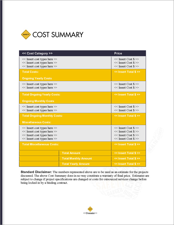 Proposal Pack Safety #4 Cost Summary Page