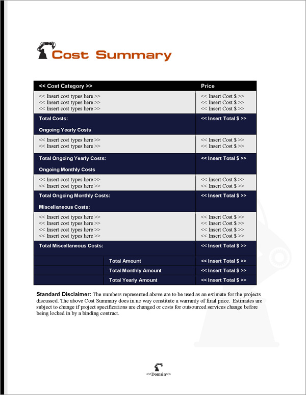 Proposal Pack Robotics #1 Cost Summary Page Proposal Pack Robotics #1 Cost Summary Page