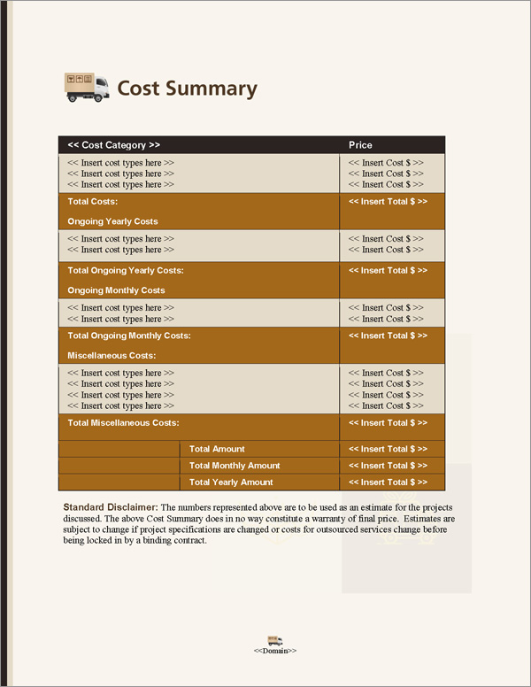 Proposal Pack Transportation #9 Cost Summary Page