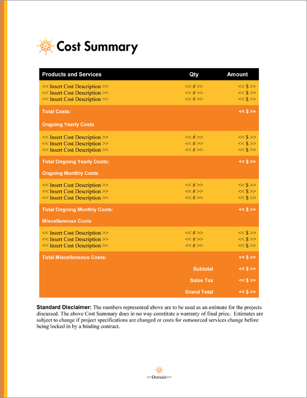 Proposal Pack Minimalist #1 Cost Summary Page