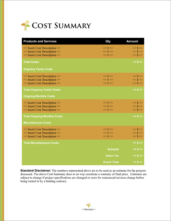 Proposal Pack Minimalist #2 Cost Summary Page