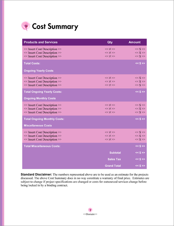 Proposal Pack Minimalist #10 Cost Summary Page