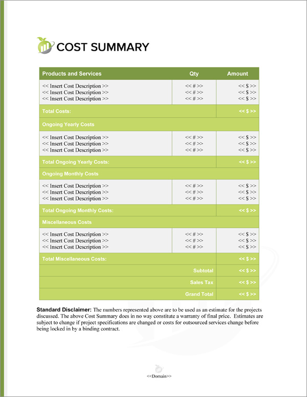 Proposal Pack Accounting #2 Cost Summary Page Proposal Pack Accounting #2 Cost Summary Page