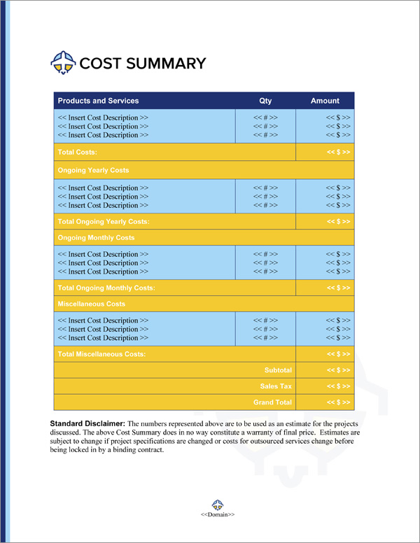 Proposal Pack Aerospace #3 Cost Summary Page Proposal Pack Aerospace #3 Cost Summary Page