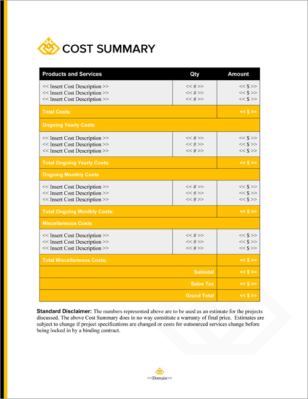 Proposal Pack Business #20 Cost Summary Page Proposal Pack Business #20 Cost Summary Page