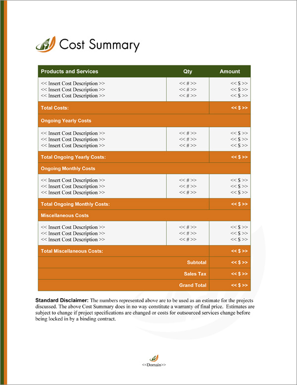Proposal Pack Catering #2 Cost Summary Page