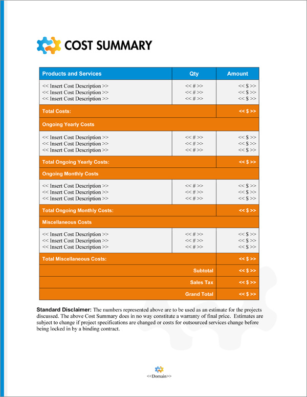 Proposal Pack Concepts #14 Cost Summary Page