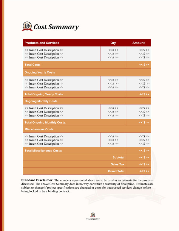 Proposal Pack Education #4 Cost Summary Page