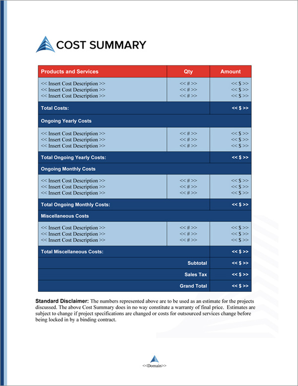Proposal Pack Architecture #4 Cost Summary Page Proposal Pack Architecture #4 Cost Summary Page