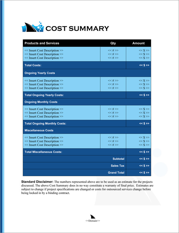 Proposal Pack Business #21 Cost Summary Page