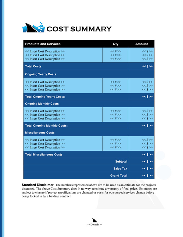Proposal Pack Business #21 Cost Summary Page Proposal Pack Business #21 Cost Summary Page