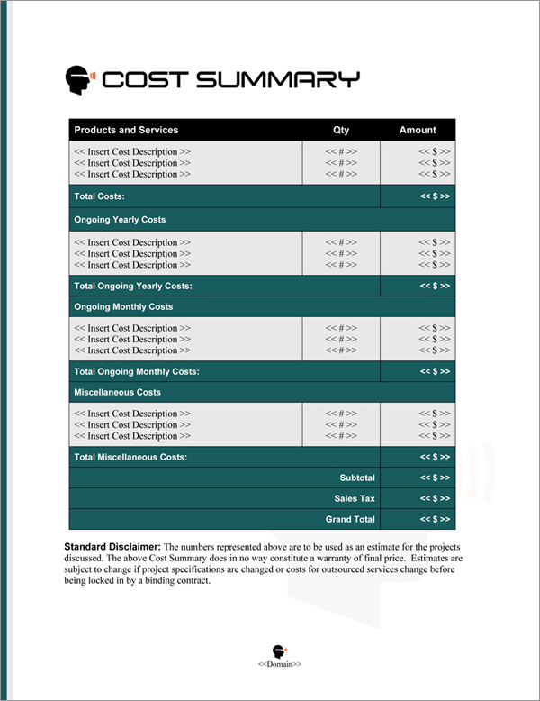 Proposal Pack Computers #5 Cost Summary Page