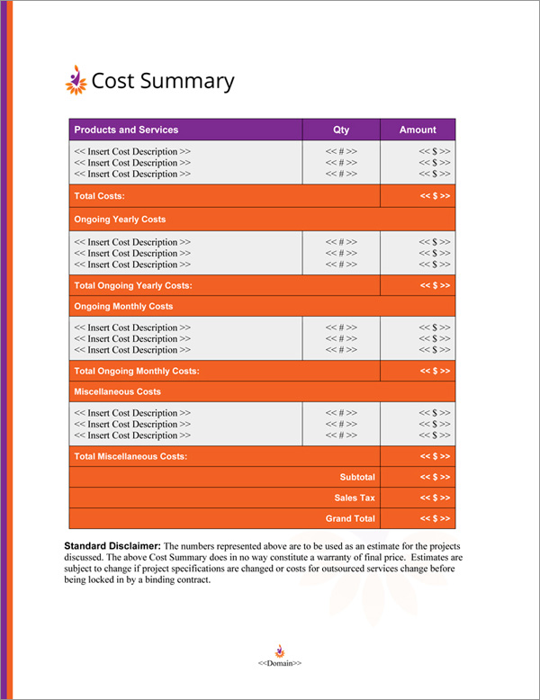 Proposal Pack Contemporary #17 Cost Summary Page Proposal Pack Contemporary #17 Cost Summary Page
