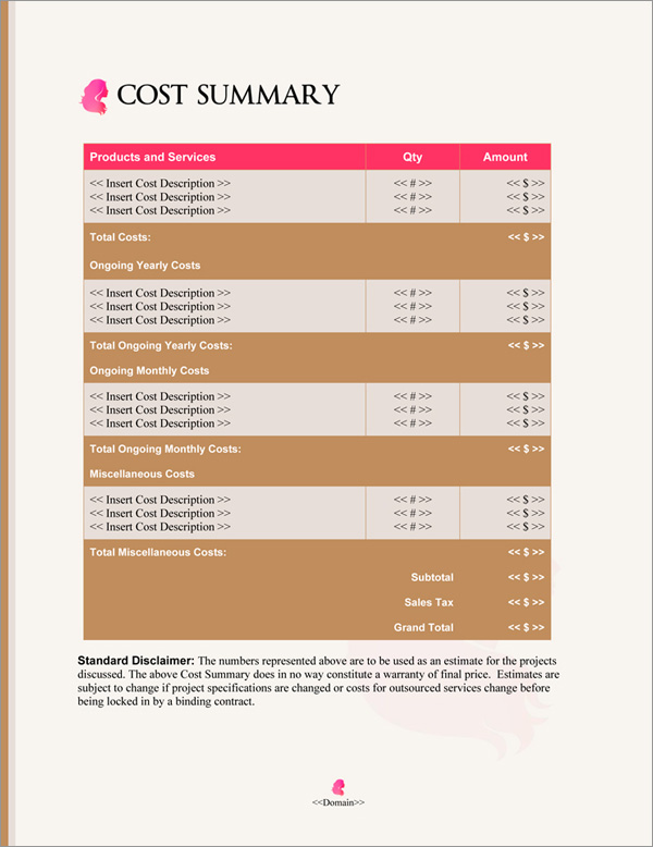 Proposal Pack Elegant #4 Cost Summary Page