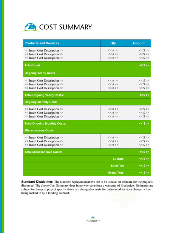 Proposal Pack Environmental #5 Cost Summary Page