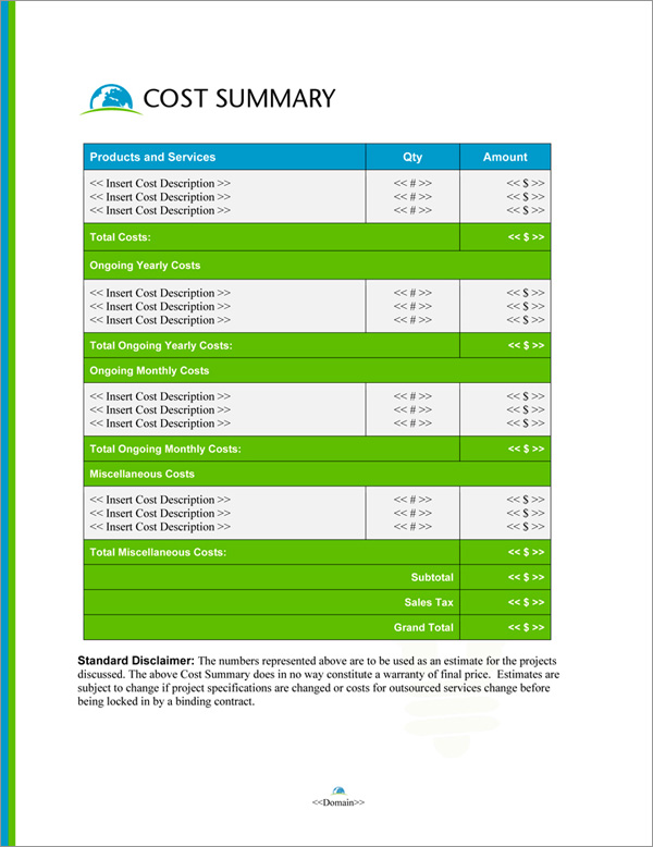 Proposal Pack Environmental #5 Cost Summary Page Proposal Pack Environmental #5 Cost Summary Page