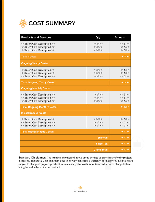Proposal Pack Tech #9 Cost Summary Page Proposal Pack Tech #9 Cost Summary Page