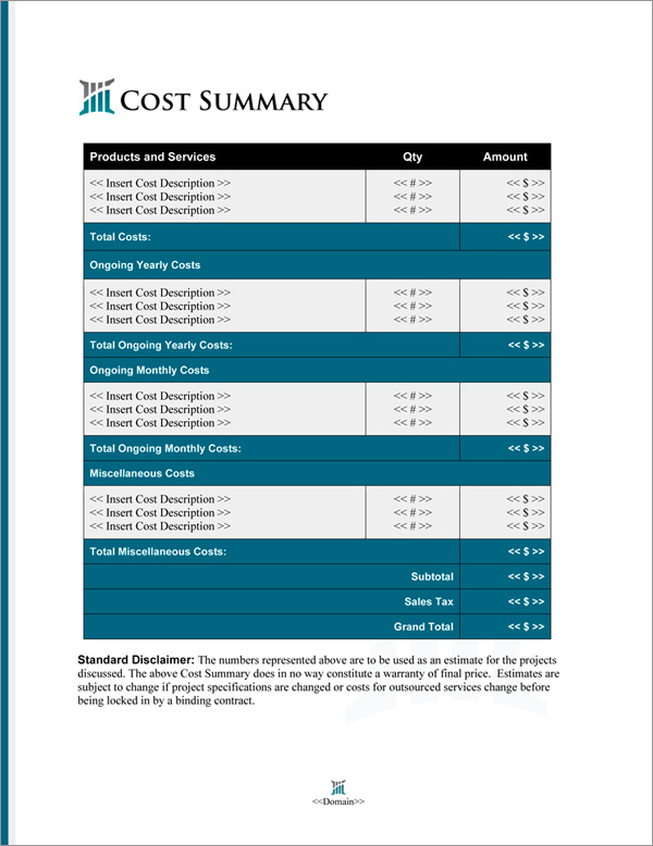 Proposal Pack Classic #18 Cost Summary Page Proposal Pack Classic #18 Cost Summary Page
