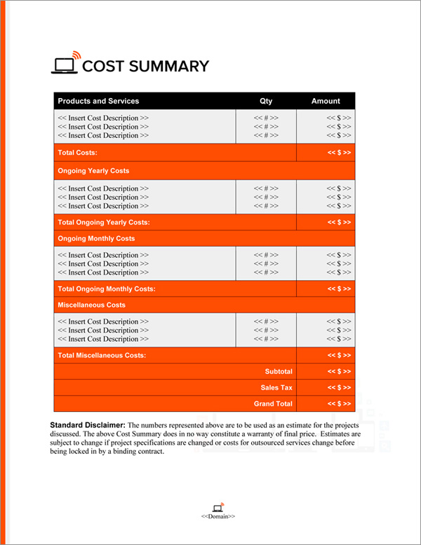 Proposal Pack Computers #6 Cost Summary Page