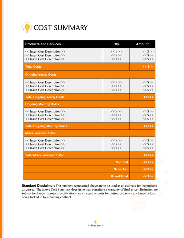 Proposal Pack Concepts #16 Cost Summary Page Proposal Pack Concepts #16 Cost Summary Page