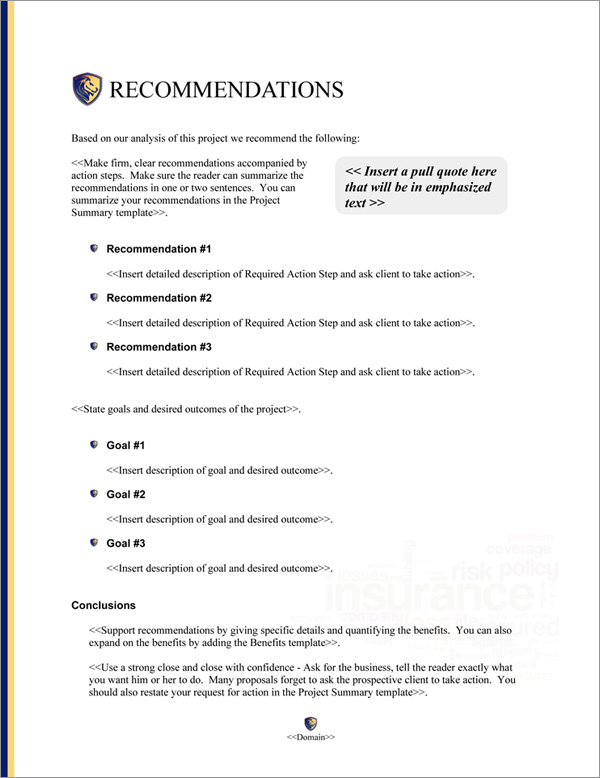 Proposal Pack Insurance #1 Recommendations Page