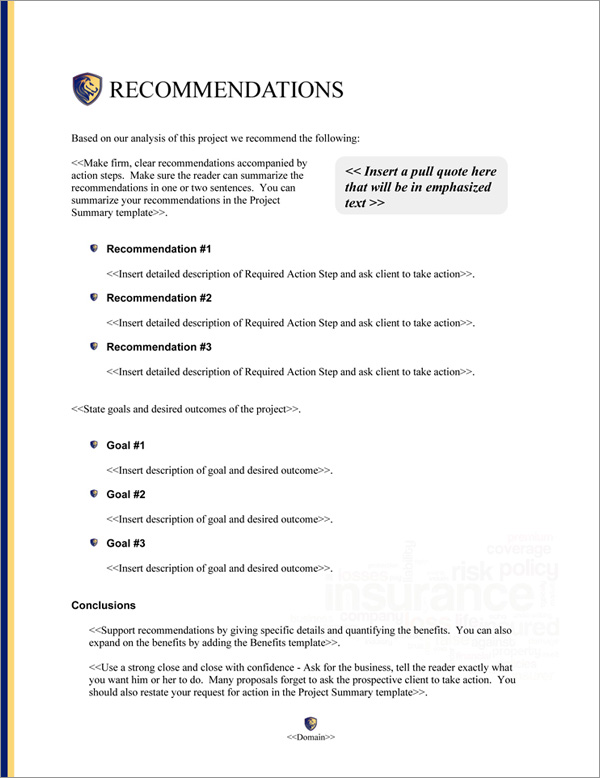 Proposal Pack Insurance #1 Recommendations Page Proposal Pack Insurance #1 Recommendations Page