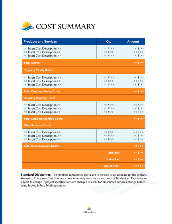 Proposal Pack Nature #7 Cost Summary Page Proposal Pack Nature #7 Cost Summary Page