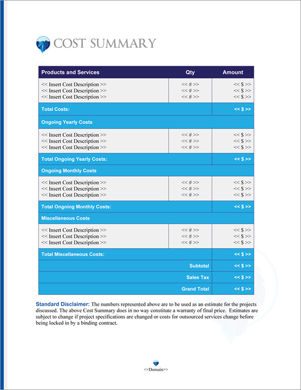 Proposal Pack Aqua #6 Cost Summary Page