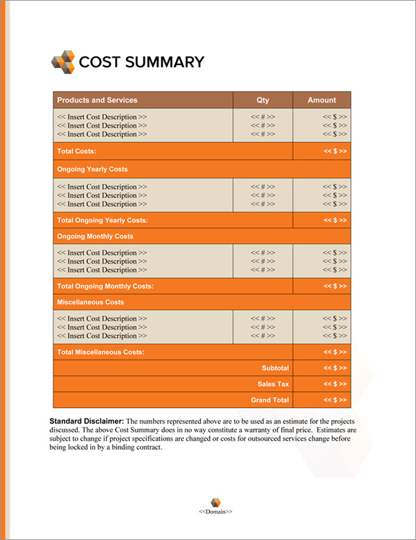 Proposal Pack Contemporary #18 Cost Summary Page