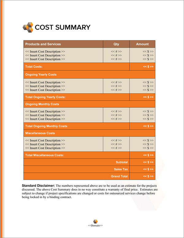 Proposal Pack Contemporary #18 Cost Summary Page Proposal Pack Contemporary #18 Cost Summary Page