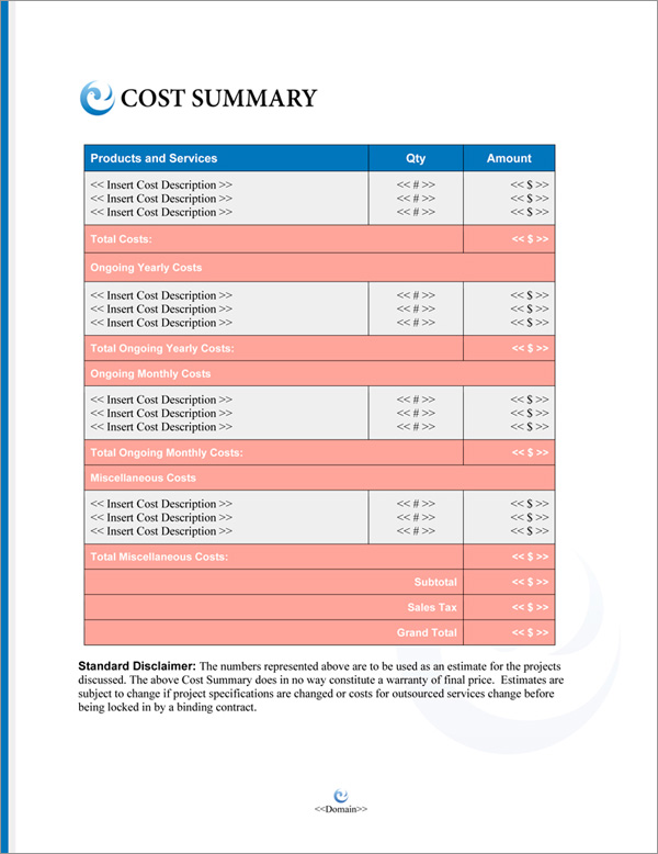 Proposal Pack Elegant #5 Cost Summary Page Proposal Pack Elegant #5 Cost Summary Page