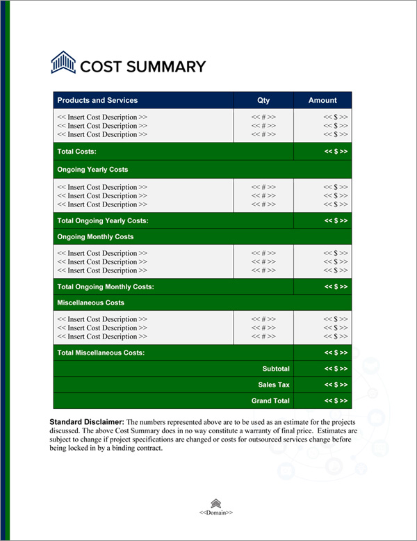 Proposal Pack Financial #5 Cost Summary Page Proposal Pack Financial #5 Cost Summary Page