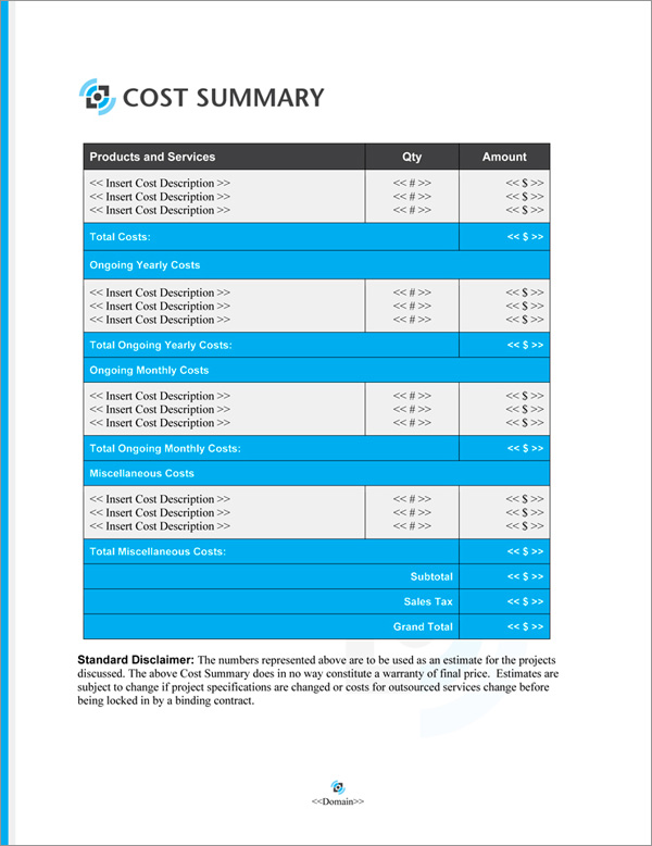 Proposal Pack Multimedia #5 Cost Summary Page